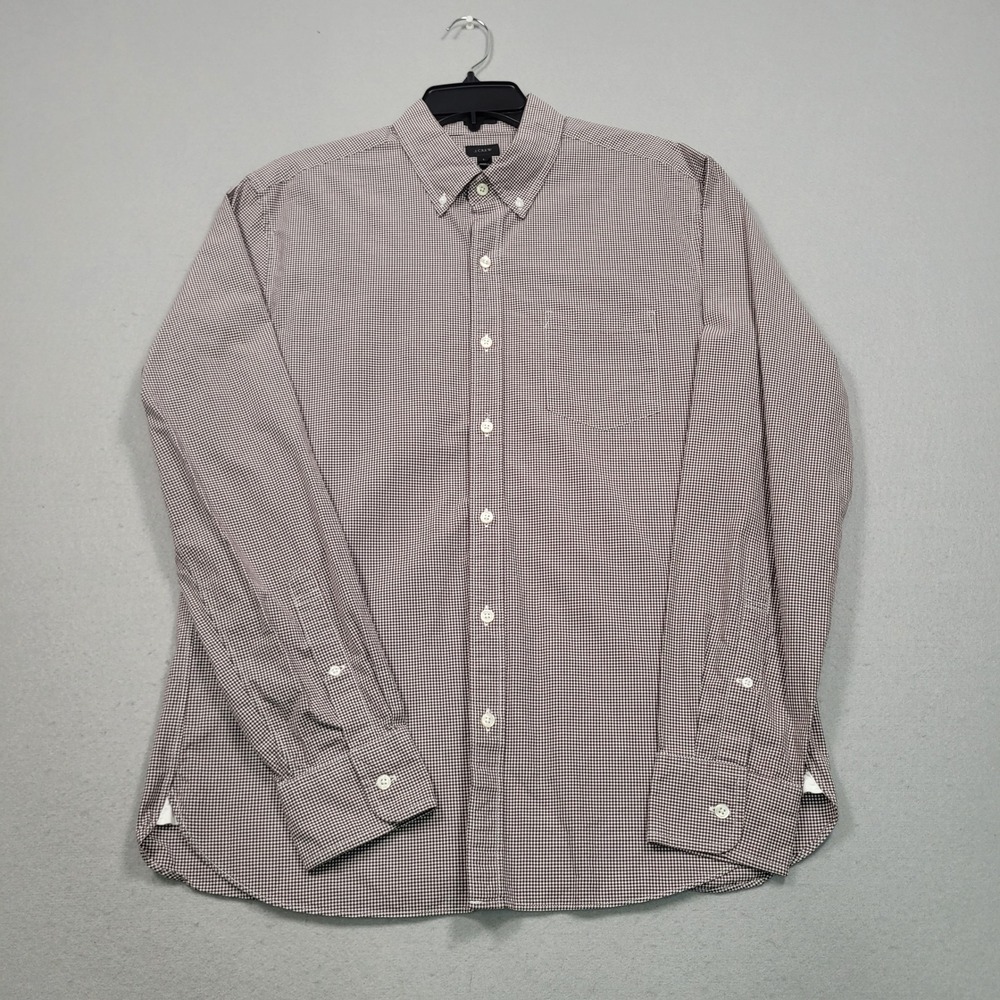 J‎ Crew Mens Large Gingham Button Down Shirt Brown White Long Sleeve Cotton